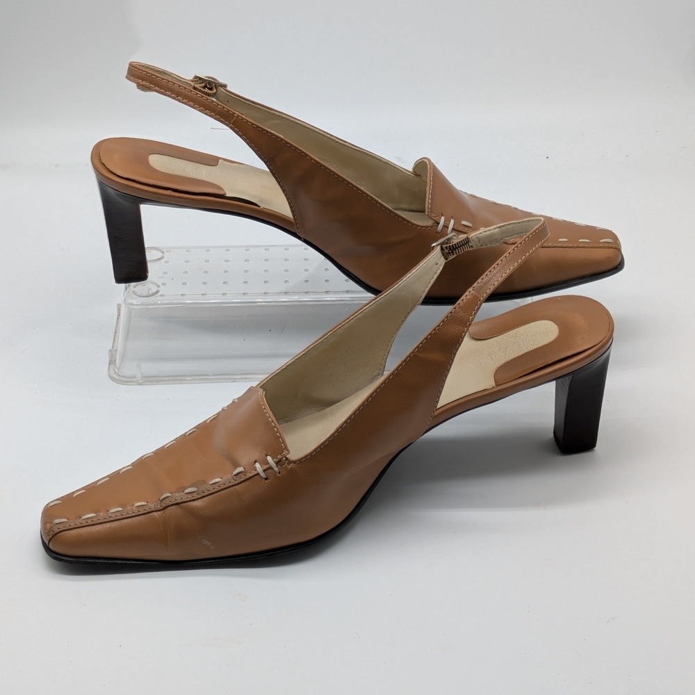 Franco Sarto Womens Slingback Pumps Size 8 Tan Square Toe Block Heel Y2K